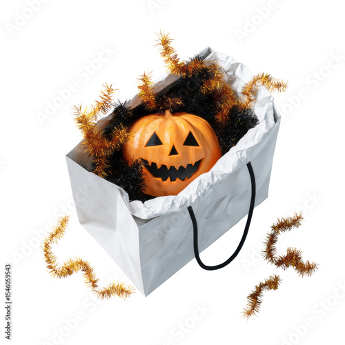 Halloween pumpkin in gift bag with festive decoration studio setting creative concept