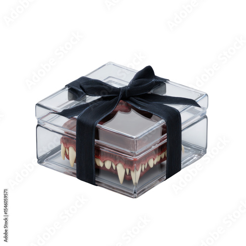 Halloween gift box with vampire fangs on spooky themed decoration festive halloween atmosphere