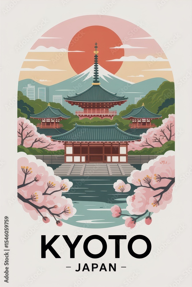 Fototapeta premium Vintage Travel Poster of Traditional Temples and Cherry Blossoms, Kyoto, Japan