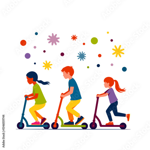 Three children riding scooters with colorful decorations in background  