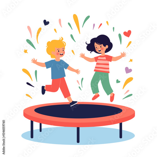 Happy children jumping on a trampoline with colorful confetti  