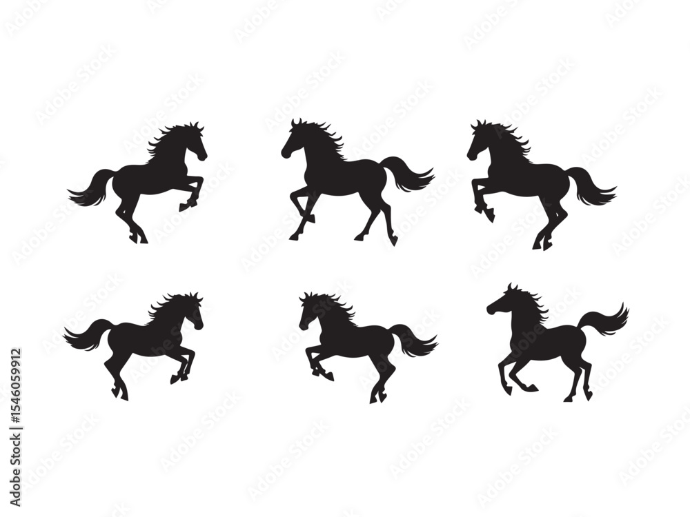Fototapeta premium Black horse silhouettes in dynamic poses representing freedom and equestrian themes on white background
