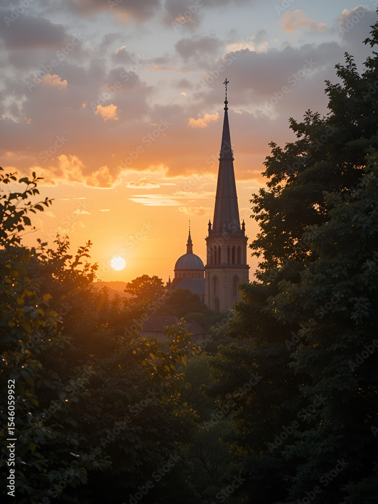 Fototapeta premium Treetops and church spires at sunset in Hertford, UK