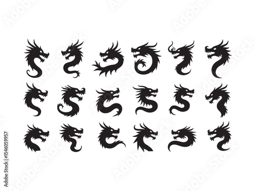 Collection of black dragon silhouettes perfect for logos emblems and various design projects