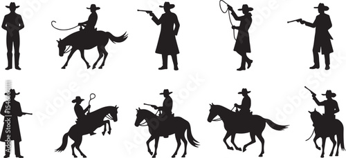 Silhouettes of cowboys in various actions depicting the wild west lifestyle and western culture