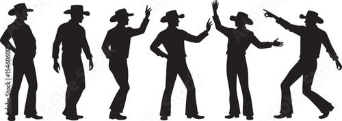 Silhouetted cowboy figures in various poses and gestures representing actions and style