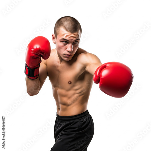 young boxer with boxing gloves. Young pro boxer doing uppercut punch isolated on white background.