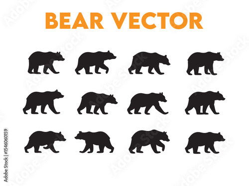 Vector illustration of stylized black bear silhouettes walking against a white background design