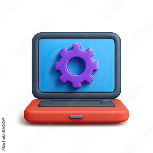 Wallpaper Mural 3D Render of a Red Laptop with a Purple Gear Setting Icon on a Blue Screen Torontodigital.ca