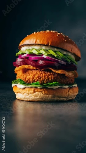 Crispy chicken burger with fresh vegetables stacked in layers