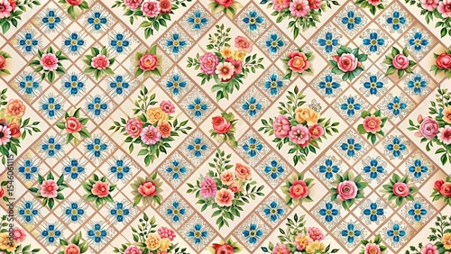 Elegant Floral Pattern with Roses and Blue Flowers on a Quilted Background