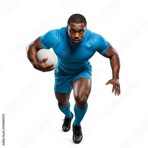handsome young man in sportswear. athletic young man with a ball on white background. Focused rugby athlete in blue jersey isolated on white background.