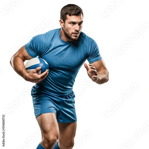 handsome young man in sportswear. athletic young man with a ball on white background. Focused rugby athlete in blue jersey isolated on white background.