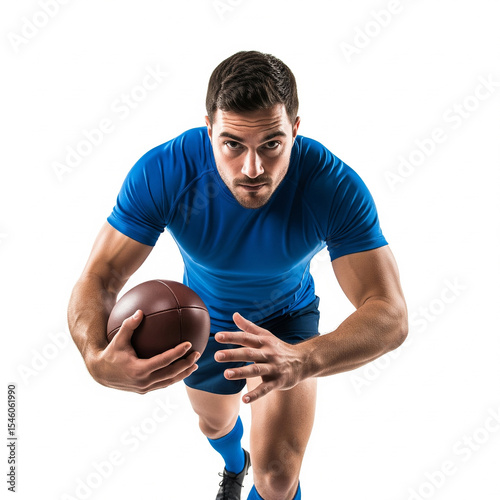 handsome young man in sportswear. athletic young man with a ball on white background. Focused rugby athlete in blue jersey isolated on white background.