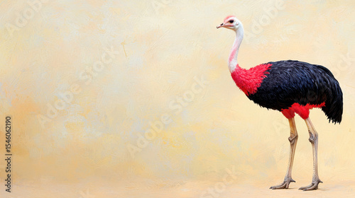 Striking ostrich stands gracefully against soft, warm background, showcasing its vibrant plumage and unique stature