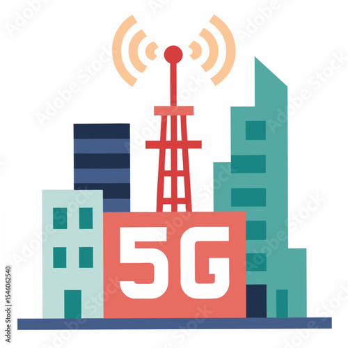 5g network tower in modern cityscape illustration