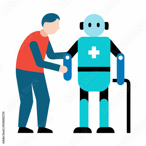 Person assisting medical robot with cane