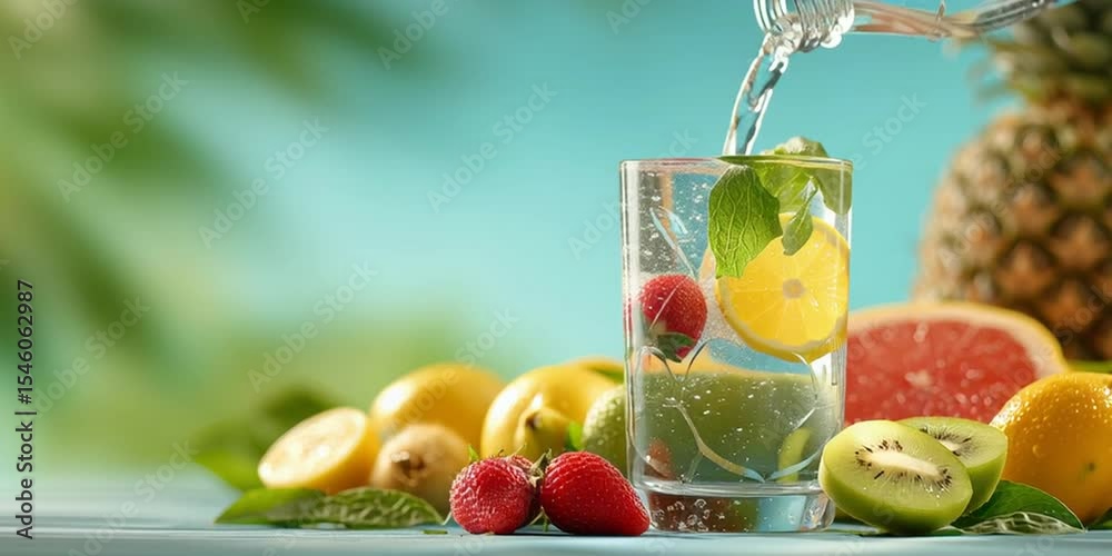 Ein Glas Wasser wird mit Wasser aufgefüllt. Rundherum Früchte. Sommergetränk. Erfrischung.