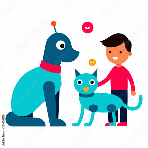 Happy boy with robot dog and cat