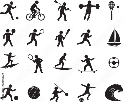 Collection of diverse stick figure athletes engaged in various sports activities silhouette icon