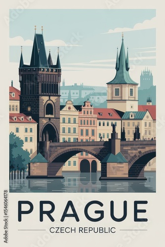 Vintage Travel Poster of Charles Bridge and Historic Towers, Prague, Czech Republic

