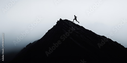 Man running uphill on mountain ridge in silhouette. Inner strength and self-transcendence in motion