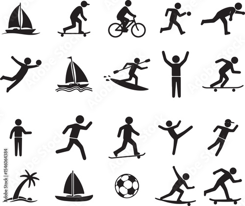 Collection of diverse stick figure athletes engaged in various sports activities silhouette icon