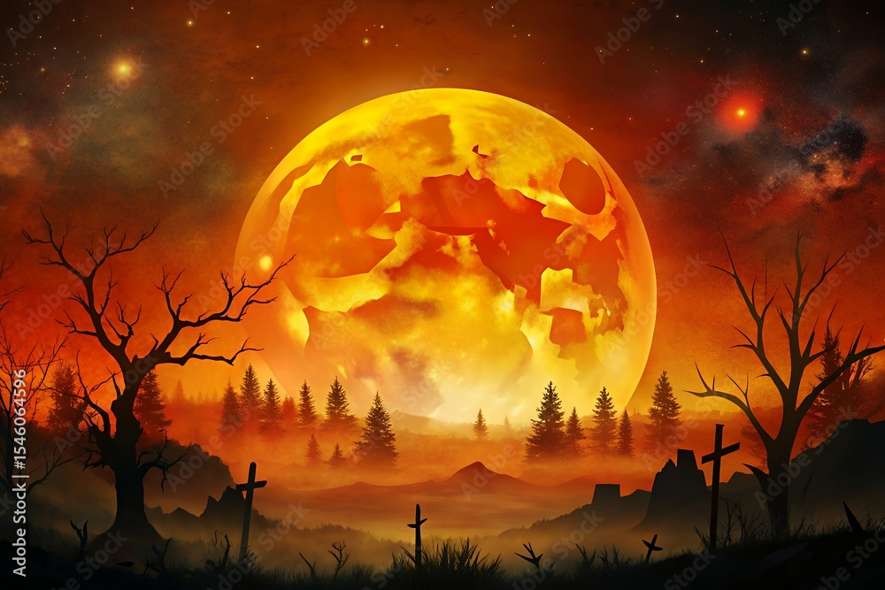 Naklejka premium Fiery Halloween Night Stylized Illustration of a Giant Orange Moon over a Spooky Graveyard