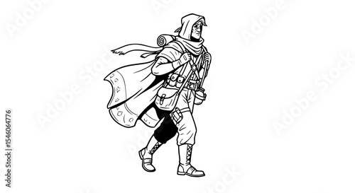 Intricate line art illustration of a hooded figure with detailed attire, suggesting a stealthy or adventurous character.