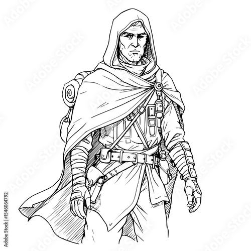 Detailed sketch illustration of a hooded figure, possibly an assassin or adventurer, in a flowing costume.