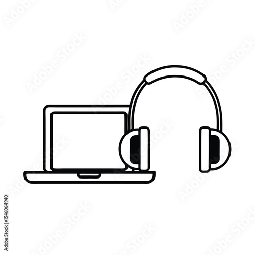 Workspace with headphones placed beside open laptop Vector illustration