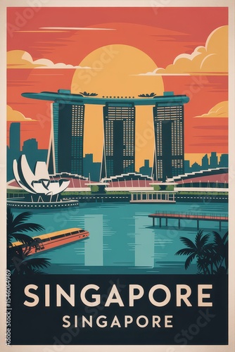 Vintage Travel Poster of Marina Bay Sands and Skyline, Singapore

