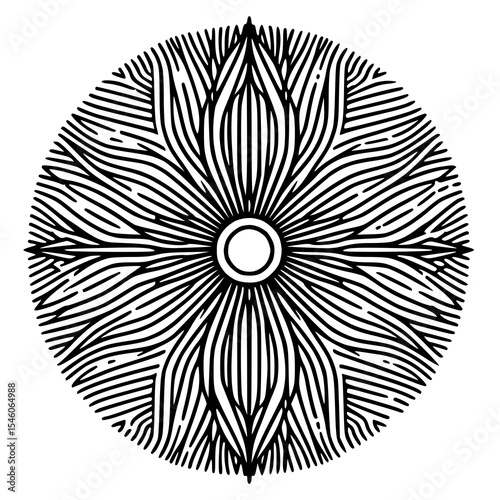 Hypnotic circular abstract design composed of concentric lines and intricate patterns, creating a mesmerizing optical effect.