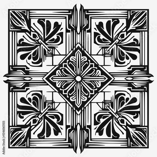 Elaborate square frame design featuring intricate black and white geometric patterns and ornamental motifs.