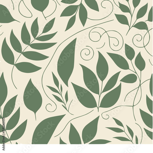 Serene botanical seamless pattern with elegant green leaves and delicate tendrils on a muted background.