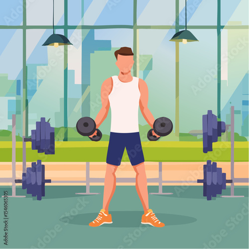 strong young man working out with dumbbells in a gym, vector cartoon illustration