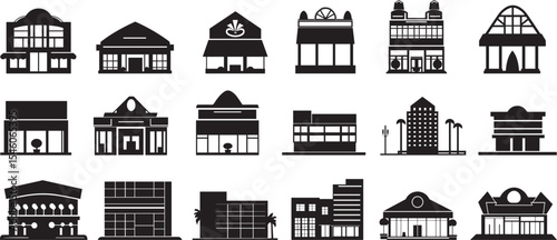 Shopping Mall Silhouette Icon Set – Commercial Vector Buildings