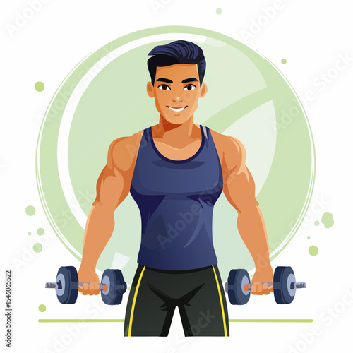 strong young man working out with dumbbells in a gym, vector cartoon illustration