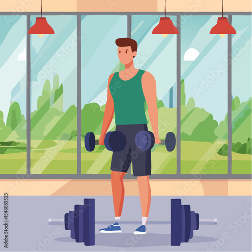 strong young man working out with dumbbells in a gym, vector cartoon illustration