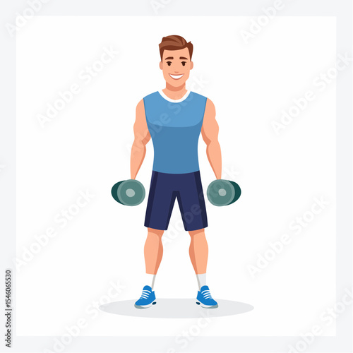 strong young man working out with dumbbells in a gym, vector cartoon illustration
