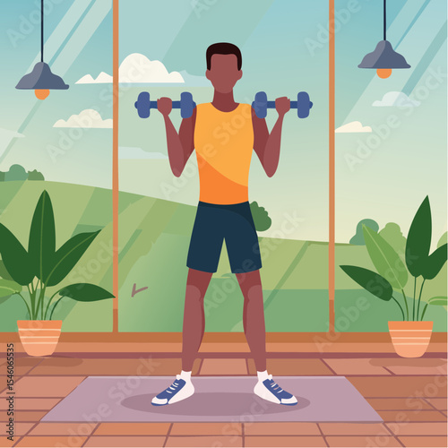 strong young man working out with dumbbells in a gym, vector cartoon illustration