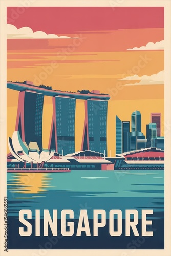 Vintage Travel Poster of Marina Bay Sands and Skyline, Singapore

