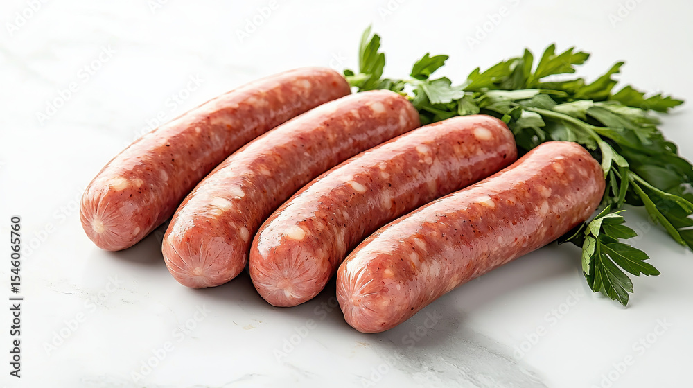 Fresh sausages arranged with parsley, showcasing vibrant and appetizing presentation. Perfect for culinary dishes and grilling Fresh sausages arranged with parsley, showcasing vibrant and appetizing presentation. Perfect for culinary dishes and grilling
