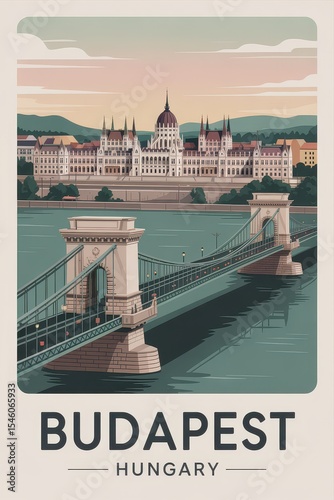 Vintage Travel Poster of Budapest Parliament and Chain Bridge, Hungary


