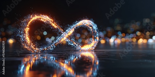 Luminous infinity symbol formed from fiery, icy particles, reflected on a dark, city-blurred background