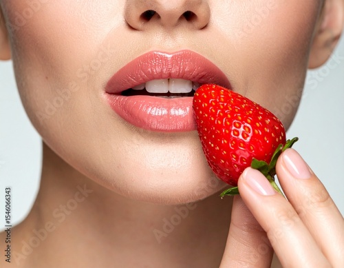 Primer plano y detalle de labios de mujer comiendo una fresa. Felicidad, sensualidad, alimento, rojo