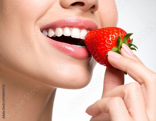 Primer plano y detalle de labios de mujer comiendo una fresa. Felicidad, sensualidad, alimento, rojo