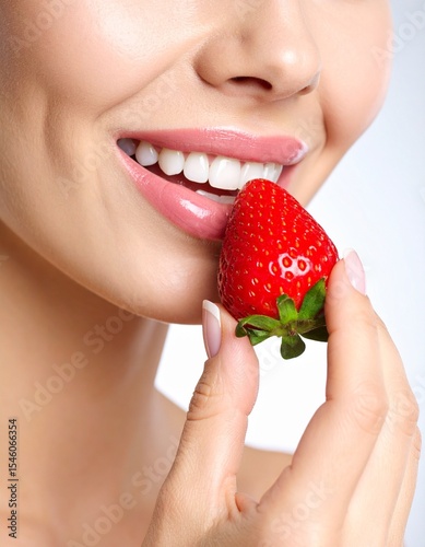 Primer plano y detalle de labios de mujer comiendo una fresa. Felicidad, sensualidad, alimento, rojo