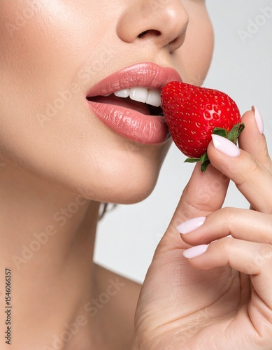 Primer plano y detalle de labios de mujer comiendo una fresa. Felicidad, sensualidad, alimento, rojo