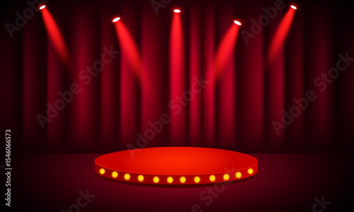 podium with red curtain backdrop, perfect for stage events, award shows, product displays, and dramatic presentations with a classic theatrical vibe.